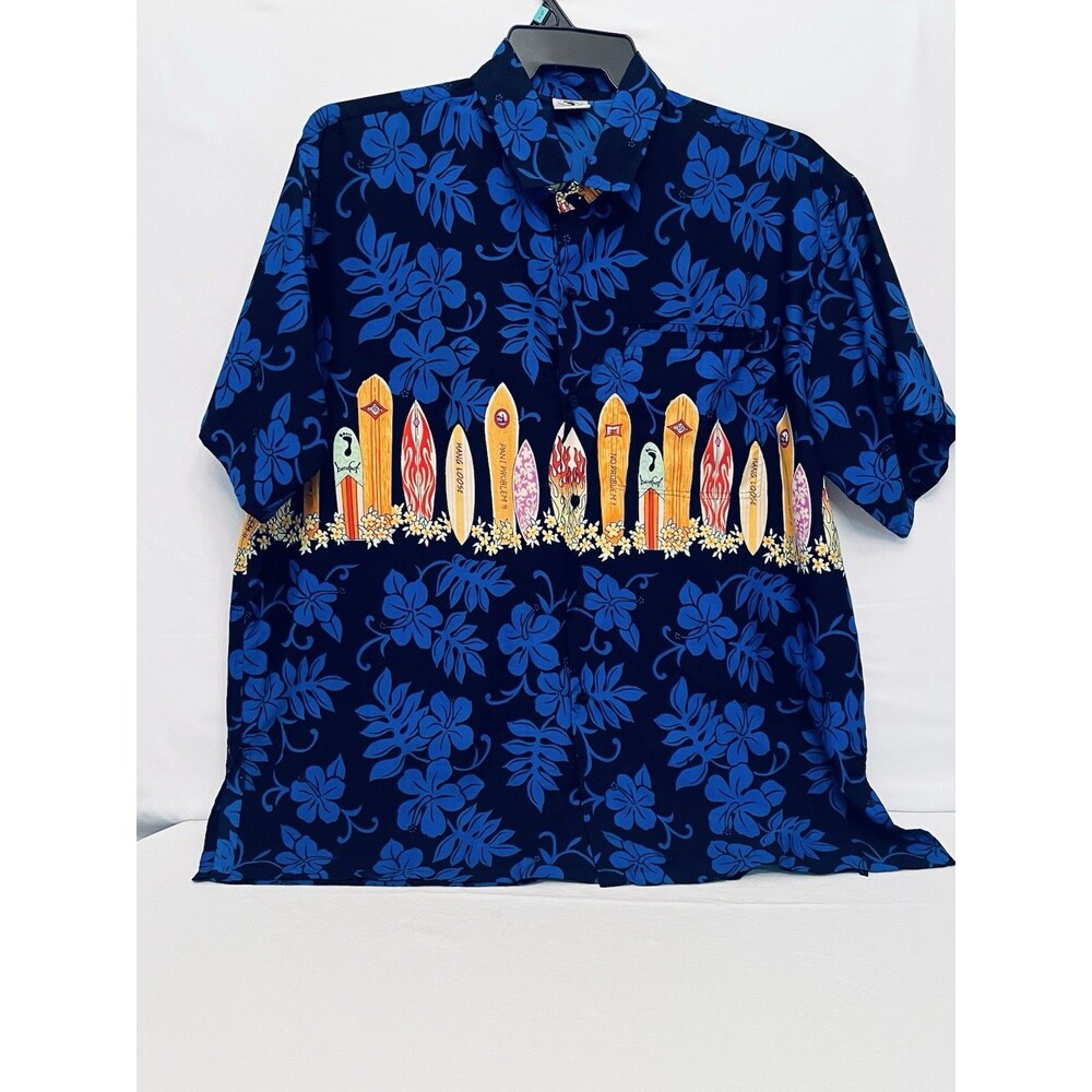 Barefoot Attitude Hawaiian Aloha Shirt XL Blue Surfboard Tropical Camp Shirt EUC